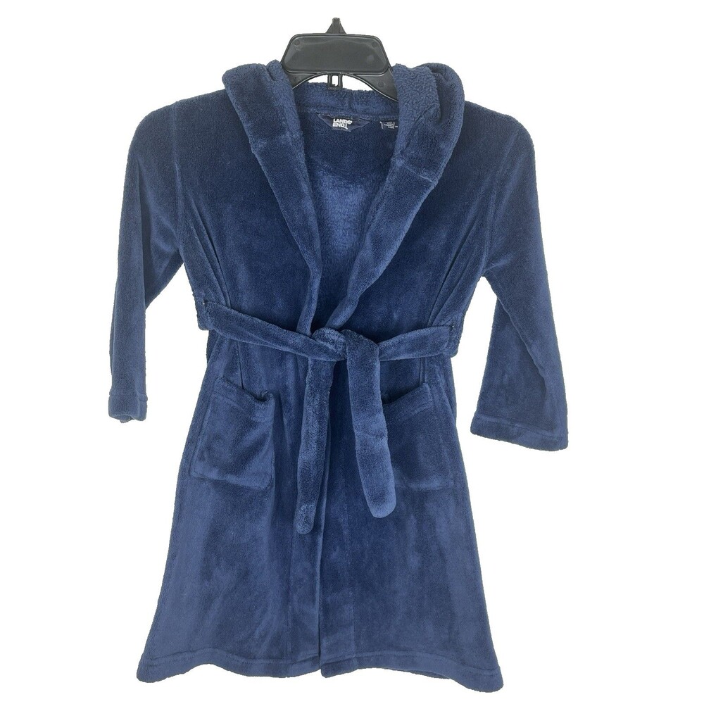 Lands' End Unisex Kid's Bathrobe Hooded Robe Fleece Soft Navy Blue Size 6